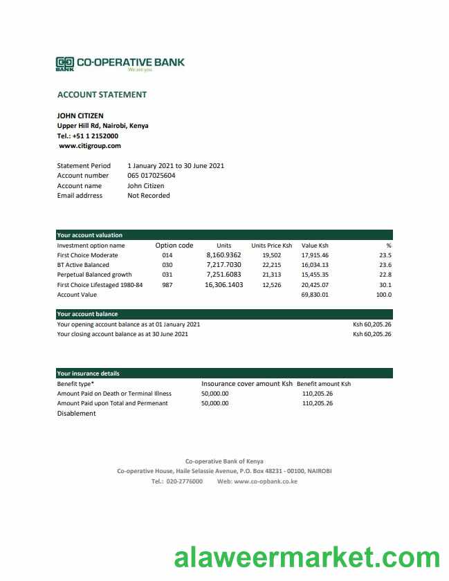 Kenya Co-operative Bank of Kenya bank statement easy to fill template in Excel and PDF format